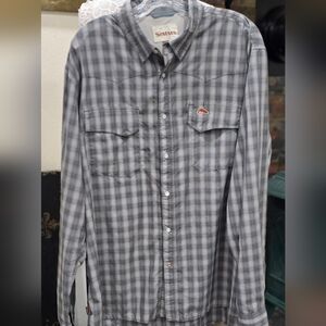 Simms Alaska Sportsman Lodge Shirt Gray Plaid Western Pearl Snap Vented Sz XL